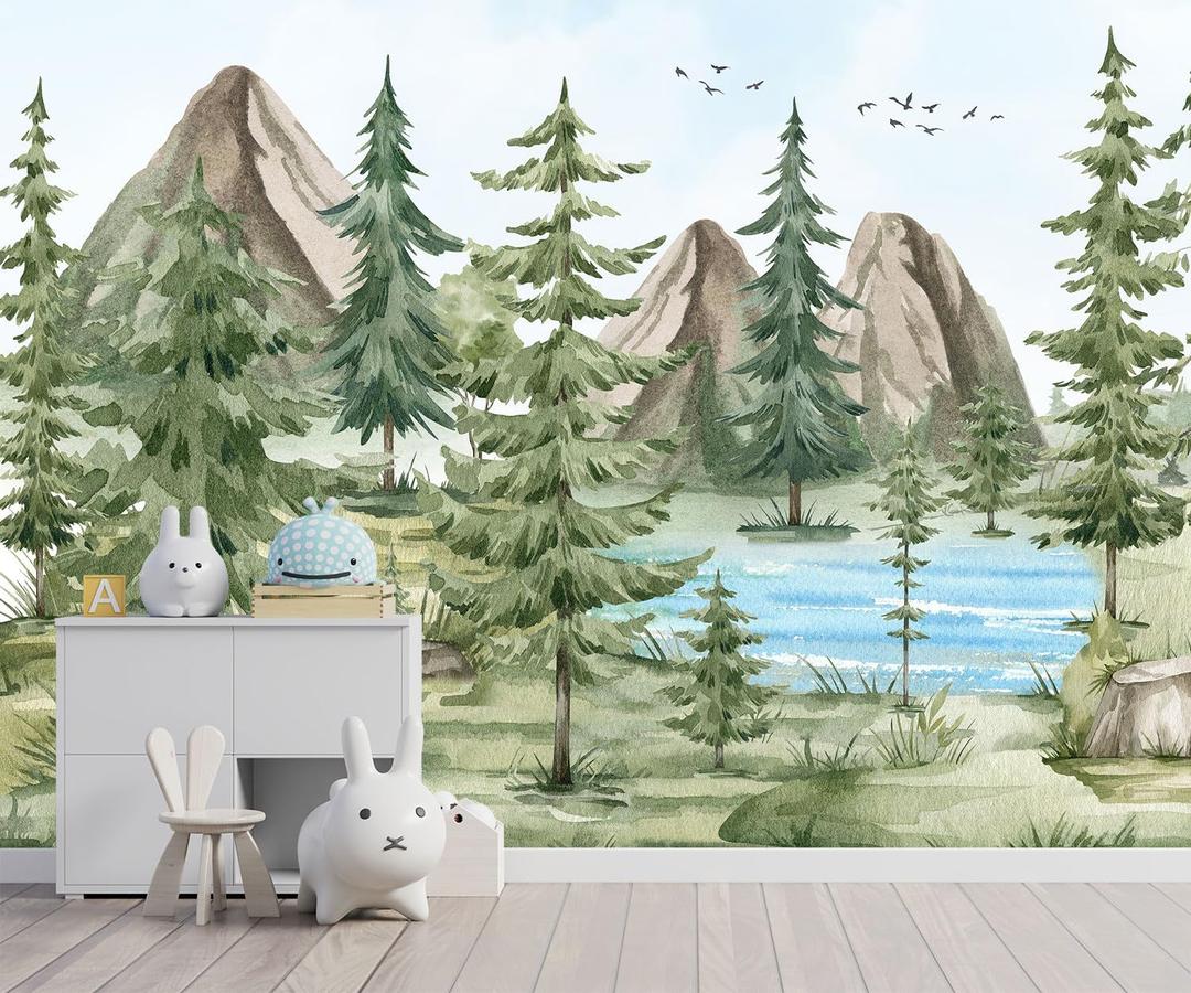 YQWDMX -Watercolor Green Pine Mural Cartoon Forest Fabric Wallpaper Children's Room 100" x 65"(Not Peel and Stick)