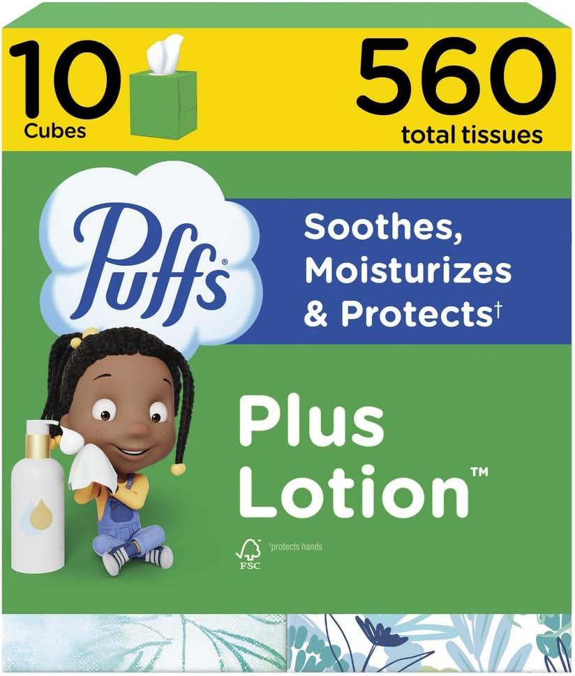Puffs Plus Lotion Facial Tissues, 10 Cubes, 56 Tissues per Box, Allergies and Colds