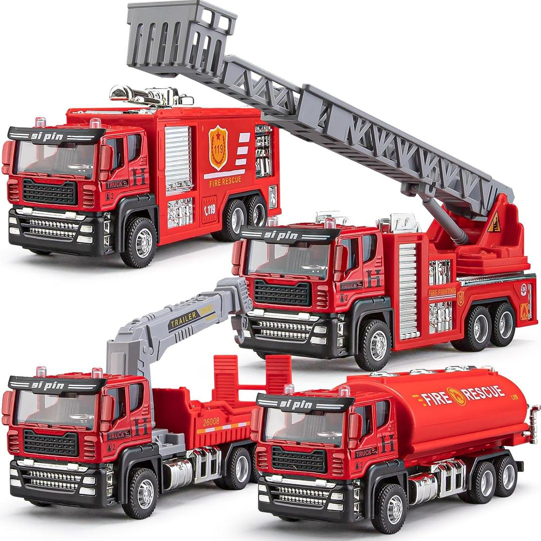 4 Packs Metal Fire Trucks Playsets, Mini Friction Powered Vehicle, Including Fire Engine, Ladder Truck, Die-cast Tank, Tow, Realistic Design for Toddlers Boys, Kids Aged 3+ Years Old