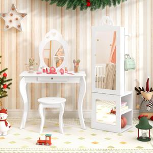 HONEY JOY 4 Piece Kids Vanity Set & Jewelry Armoire Cabinet, Snowflake Wooden Makeup Table & Chair Set, Dress Up Jewelry Organizer w/Full-Length Mirror, Kids Bedroom Furniture for Playroom (Pink)