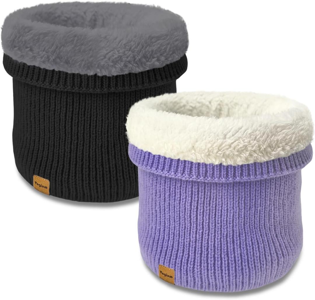 Unisex Kids Fleece-Lined Ribbed Thermal Knit Neck Warmer Gaiter | Dual Layer Winter Scarf Face Cover for Skiing Hiking (Black/Light Purple)