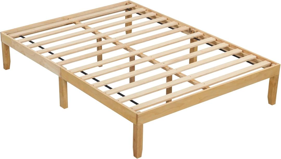 KOMFOTT Full Size Wood Platform Bed Frame, 14 Inches Wooden Mattress Foundation with Solid Rubber Wood Legs, 12 Sturdy Plywood Slats, Under-Bed Storage, No Box Spring Needed, Easy Assembly (Natural)