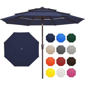 JEAREY 9FT 3 Tier Patio Umbrella Outdoor Market Umbrella Table Umbrellas with 8 Ribs 1.5 Pole Push Button Tilt and Crank UV Protection for Garden,Navy