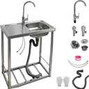 Outdoor Sink with Hose Hook Up, Free Standing Stainless Steel Utility Sink, Single Bowl Portable Sink Hand Wash Station for Camping, Backyard, Garden, Kitchen, Garage
