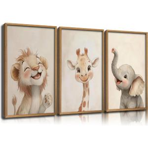 Safari Animals Nursery Wall Art Woodland Animals Nursery Wall Decor Cute Giraffe Elephant Lion Picture Painting Tropical Savanna Poster Print Artwork for Baby Room Boy Room Kids Room Decoration, 24"L x 16"W