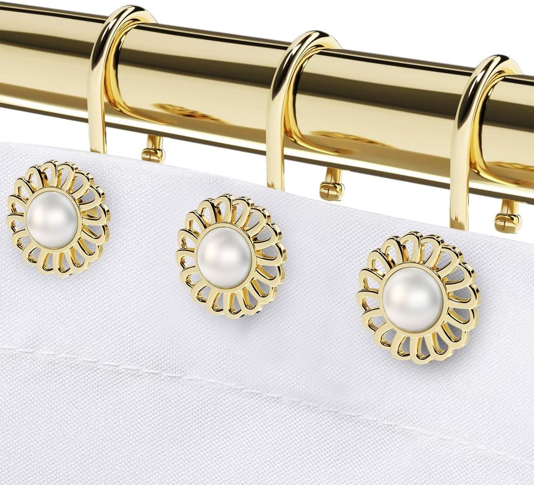 Gold Shower Curtain Hooks Rings, Decorative Shower Curtain Hangers, Heavy Duty Metal Shower Rings, Sunflower Shower Hooks for Shower Curtain Rod and Liner, Bathroom Curtain Hooks, Luxury Gold, iToplin
