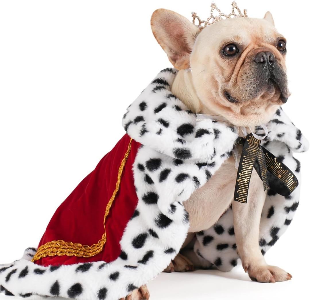 Lovelyshop Pet Serial Majestic Dog/Cat Costume Collection with Lux Velvet Cloak and Gold Pearl Crown Set for Halloween,King Queen Prince and Princess Cosplay-M