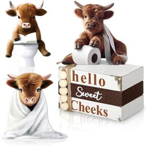 4 Pcs Highland Cow Bathroom Decor Wooden Farmhouse Highland Cow Decoration Western Hello Sweet Cheeks Table Centerpiece Block Signs for Party Bathroom Kitchen Home Dining Table Tiered Tray Shelf Decor