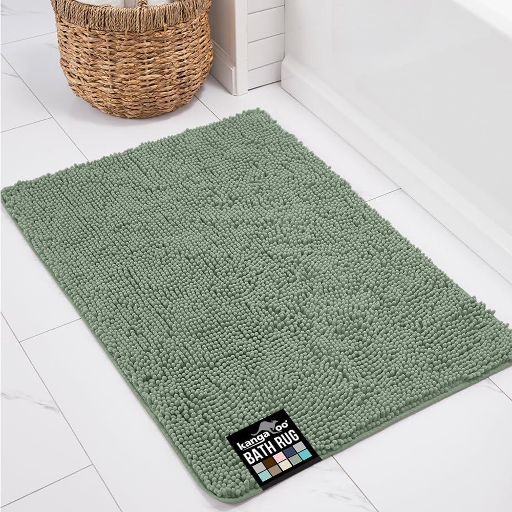 KANGAROO Bathroom Rugs, Chenille Soft Absorbent Bath Rug, Shaggy Shower Mat, Quick Dry Machine Wash Bathmat, Plush Carpet Mats for Tub, Bathtub and Room Home Decor Accessories, 36x24, Sage