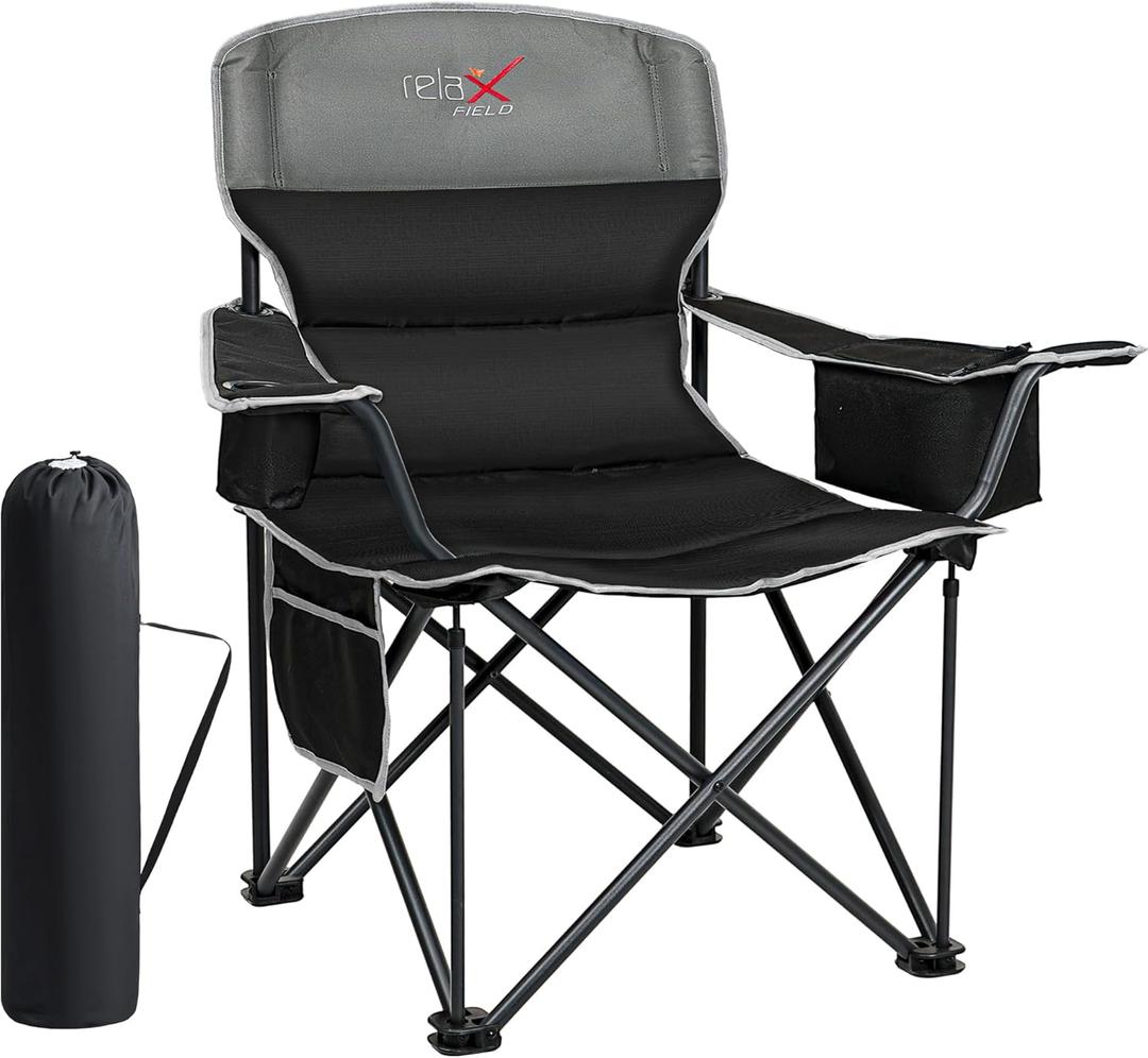 Oversized Folding Camping Chair, Heavy Duty Support 500LBS Outdoor Chair with Cup Holder Storage and Cooler Pouch, Collapsible Padded Arm Chair for Sports Garden Beach Fishing, Black (1 PC)