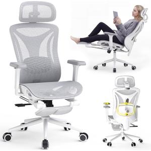 CYKOV Ergonomic Office Chair with Footrest - Adjustable Lumbar Support & Headrest, 90-160° Reclining Mesh Back Computer Chair - Home Office/Gaming, 350lbs Capacity (W-Grey, Mesh), 20 inches x 22 inches x 40 inches