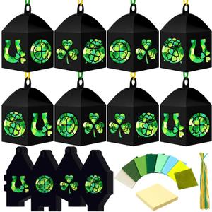 Maitys 16 Sets St Patricks Day Paper Lantern Craft Kit for Adults, Fun Irish Clover Horseshoe DIY Lanterns with Tissue Paper Glue Shamrock Lucky Handcrafts for Home Activities Ornaments Decoration