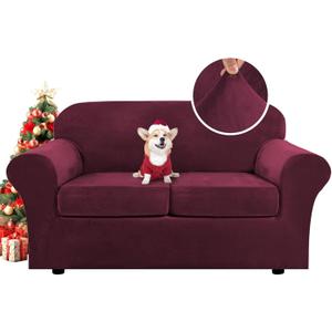 H.VERSAILTEX Real Velvet Plush 3 Piece Stretch Sofa Covers Couch Covers for 2 Cushion Couch Loveseat Covers Width Up to 72 Inch Feature Thick Soft Stay in Place (Medium Sofa, Burgundy)