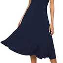 EXCHIC Women's Casual Round Neck Short Sleeve Midi Dress Solid Stretchy Waist Knee Long Dress L