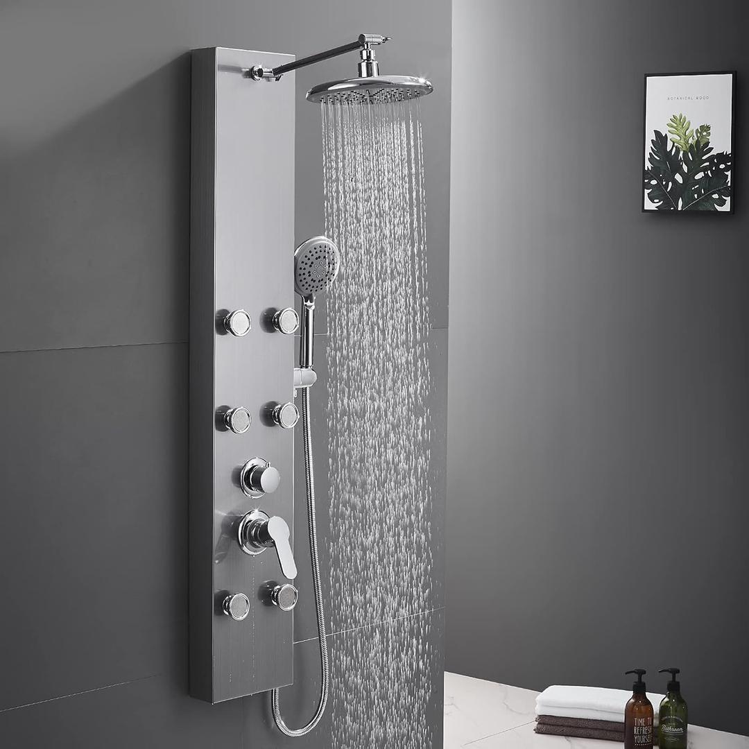 ROVATE Shower Panel Tower System 304 Stainless Steel, Shower Panel System with Adjustable Rainfall Shower Head, 6 Body Massage Jets and 5 Functions Handheld, Brushed Surface ROVATE Shower Panel Tower System 304 Stainless Steel, Shower Panel System with Adjustable Rainfall Shower Head, 6 Body Massage Jets and 5 Functions Handheld, Brushed Surface