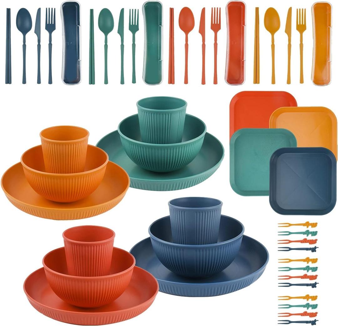 48Pcs Wheat Straw Dinnerware Sets, Unbreakable Plastic Plates and Bowls Sets, Dinner Sets for 4 People, Travel Picnic Camping Cutlery Set, Home Party Cutlery Set, Dishwasher Microwave Safe Dishes