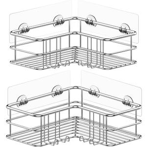 Menbyci 2 Pack Corner Shower Caddy, Adhesive Bathroom Shelf with 8 Hooks, Rustproof Stainless Steel Bathroom Organizer, No Drilling Shower Shelves Basket Wall Storage Rack Shampoo Holder (Silver)