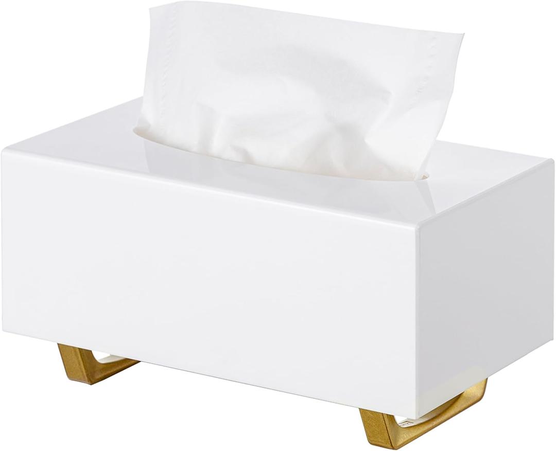 HBlife Tissue Box Cover Rectangle Acrylic Tissue Box Holder with Gold Plated Legs Napkin Dispenser Dryer Sheet Container for Bathroom, White