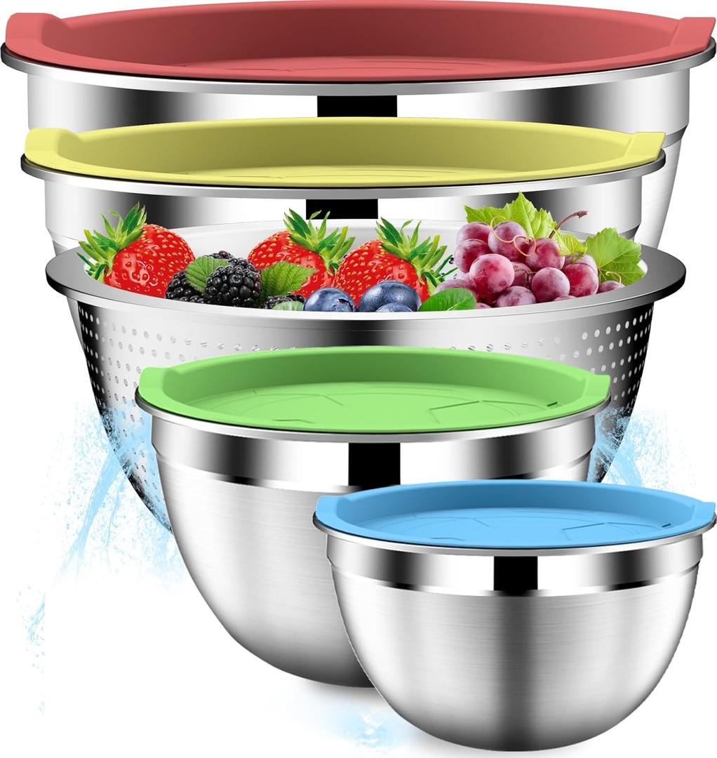 Mixing Bowls with Strainer, Mixing Bowl with Lids Set, Stainless Steel Mixing Bowls, Kitchen Gadgets 2025 Salad Bowls with Strainer for Mixing & Preping & Baking, Multicolor