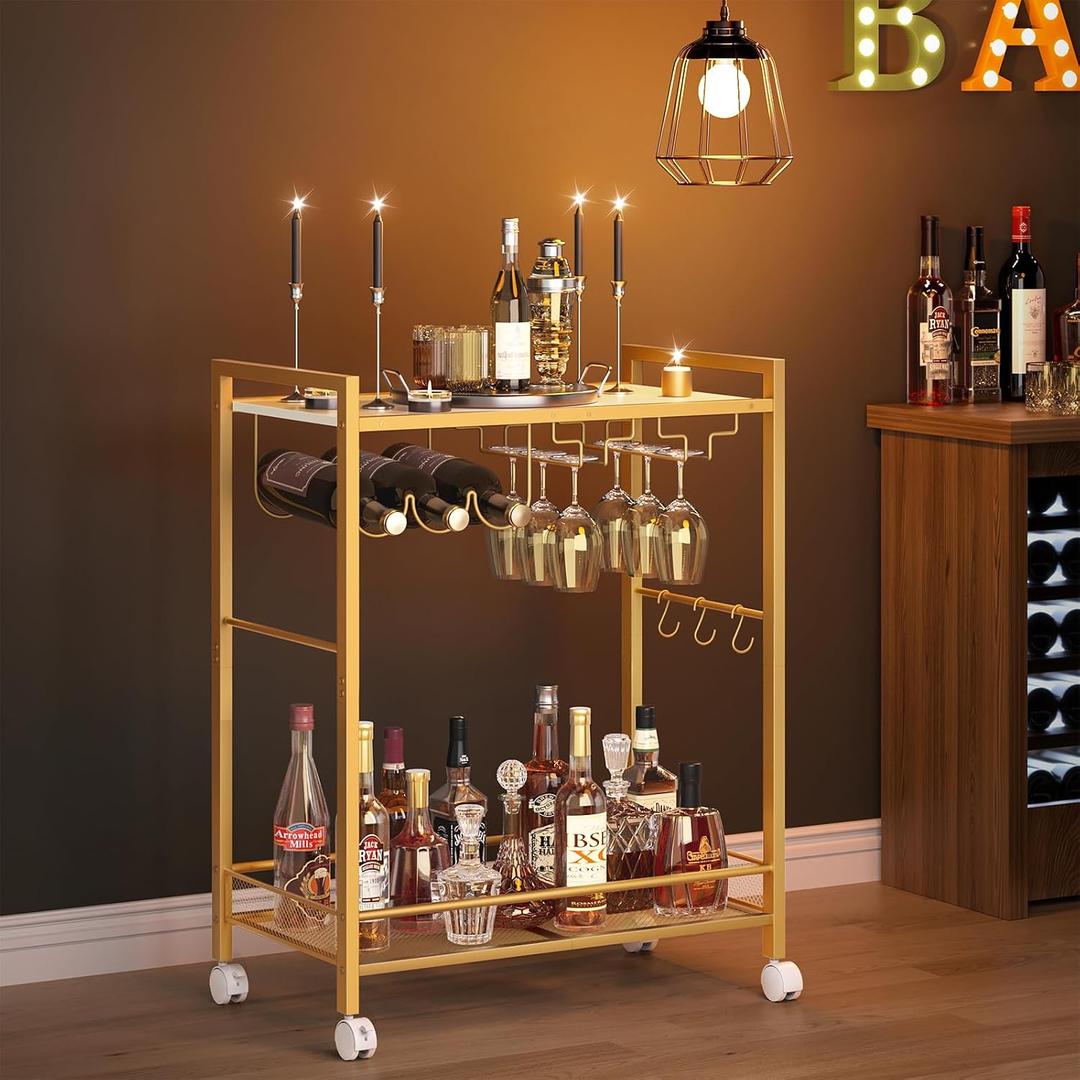 Joaxswe Bar Cart,2-Tier Home Bar Serving Cart with Lockable Wheels,Gold