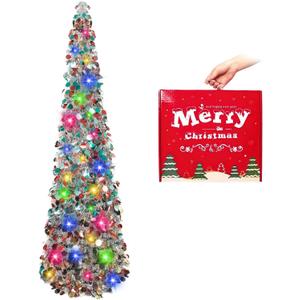 MACTING Christmas 5FT Pop Up Tree with 50 LED Lights Collapsible Tinsel Tree Easy-Assembly Coastal Glitter Pencil Tree for Apartment Party Winter Christmas Mothers Day Decorations(Silver-Mix)
