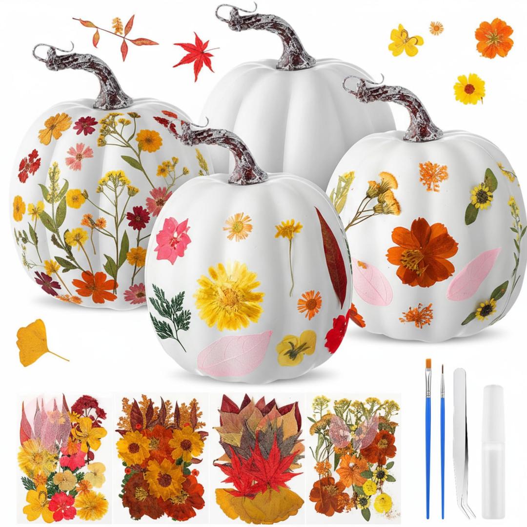 Leinuosen 104pcs 6.3'' Large DIY Fall Foam Pumpkin Craft Kit 4pcs White Foam Artificial Pumpkins Art and 100pcs Dried Flower for Girl Night Craft Fall Club Activity Thanksgiving Decor(Brown Leaves)
