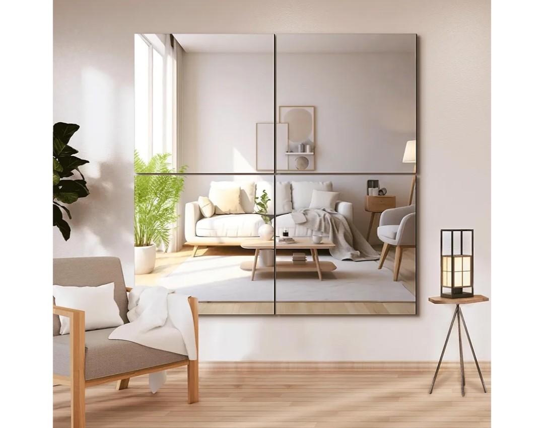 Delma Frameless Mirror Tiles 14"x12"x4 Pcs Wall Mounted, Shatter Resistant Full Length Tempered Glass Panels for Home Gym Bathroom Bedroom & Living Room Decor