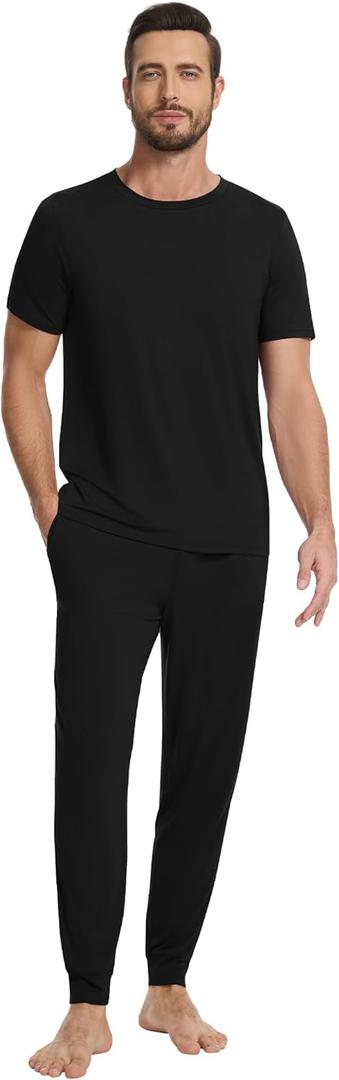 WiWi Men's Pajama Sets Viscose from Bamboo Sleepwear Short Sleeve Top and Pants Pjs Sets with Pockets Drawstring S-XXL, Black 