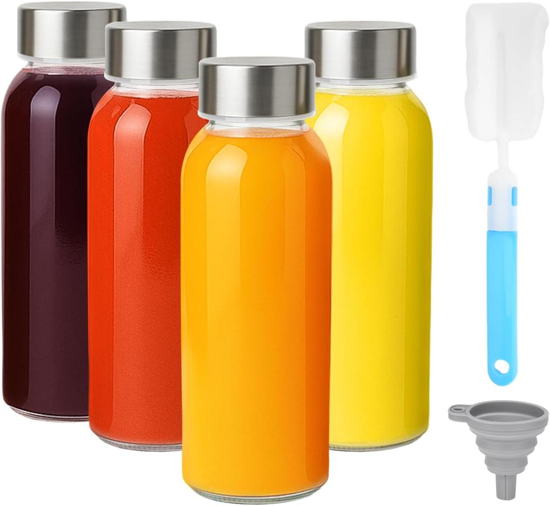 Zukro Glass Water Bottles with Lids 10.5 oz, 4 Pack Reusable Clear Glass Small Juice Bottles With Stainless Steel Cap for Juicing, Milk, Ginger Shot, BPA Free Leak Proof 300ml Drinking Jar