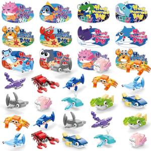 30pcs Valentines Building Blocks, Valentine's Day Gifts Toys for Kids Marine Animals Building Toys with Cards for Boy Girl Classroom School Gifts Exchange Prizes Valentine Party Favors