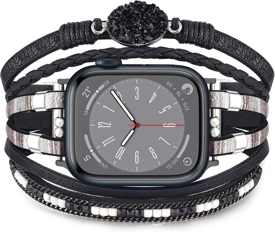 KOREDA Boho Leather Bracelet Compatible for Apple Watch Band 38mm 40mm 41mm 42mm 44mm 45mm 46mm Series 11 10 9 8 7 SE Women, Handmade Multilayer Wrap Beaded Jewelry Apple Watch Strap for iWatch Series 6/5/4/3/2/1 (Black)
