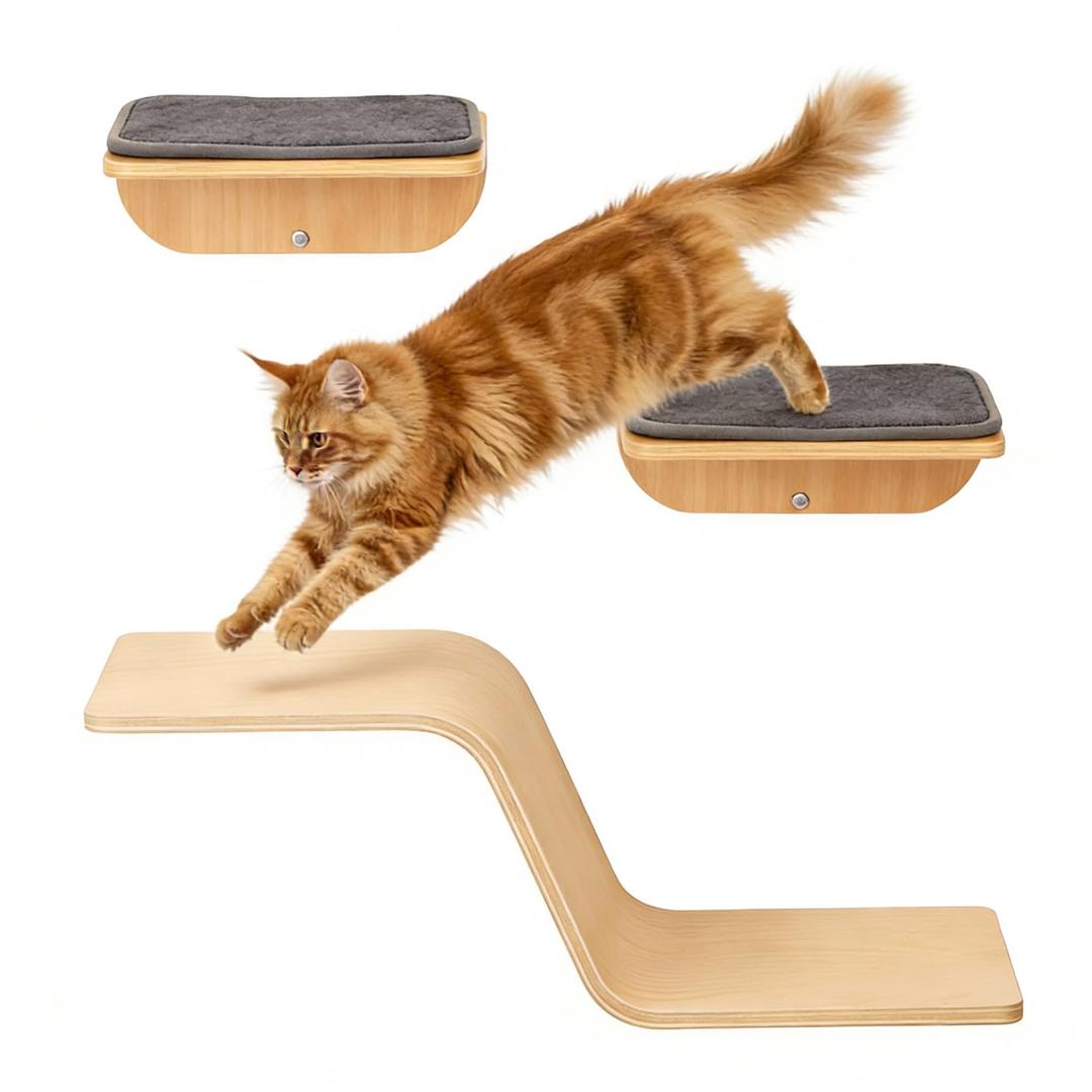 Cat Wall Shelves for Cat Wall Steps, Perch, Ladder, Wooden Floating Modern Mounted Space Saving Furniture with Scratching Cushion Removal Cover for Climbing, Jumping and Sleeping (Steps & Slide)