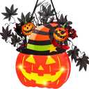 BlcTec Halloween Pumpkin Lights, 10 inch Lighted Big Jack-O-Lantern with Maple Leaves, Berries, Twigs, Witch's Hat, Battery-Operated Premium Wood Pumpkin with Timer for Halloween Decorations, Style B