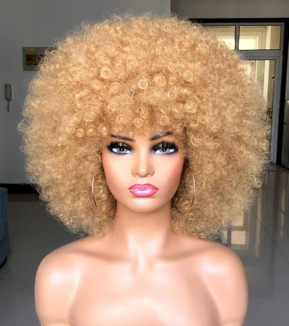 Short Afro Wig with Bangs for Black Women Afro Kinky Curly Wig 70s Premium Synthetic Big Afro Wigs(Blonde,Cap size:22.5-23inch)