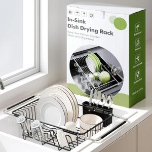 Over the Sink Expandable Dish Drainer Drying Rack In Stainless Steel for Small Kitchen, Counter Space Saving Modern Compact Metal Above Plate Dryer Strainer, Adjustable Hanging Inside Drain Holder (For 11.5"-30"W Sink, Black)