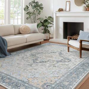 Area Rug 9'x12' Machine Washable Vintage Distressed Print Blue Floral Medallion Accent Bedroom Living Room Hallway Entryway Throw Rug, Ultra-Thin Lightweight Non Slip with Gripper