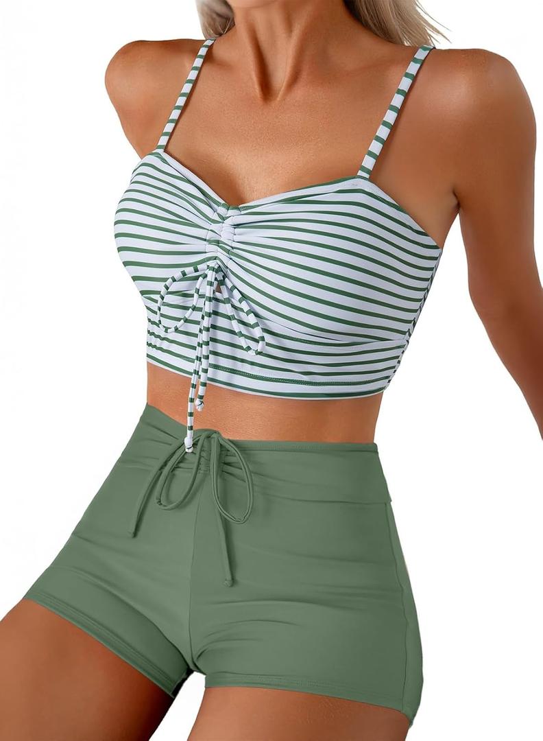 Herseas High Waisted Bikini Sets for Women Floral Print Two Piece Tummy Control Swimsuits Drawstring Short Bathing Suit (Medium, Green Stripe)