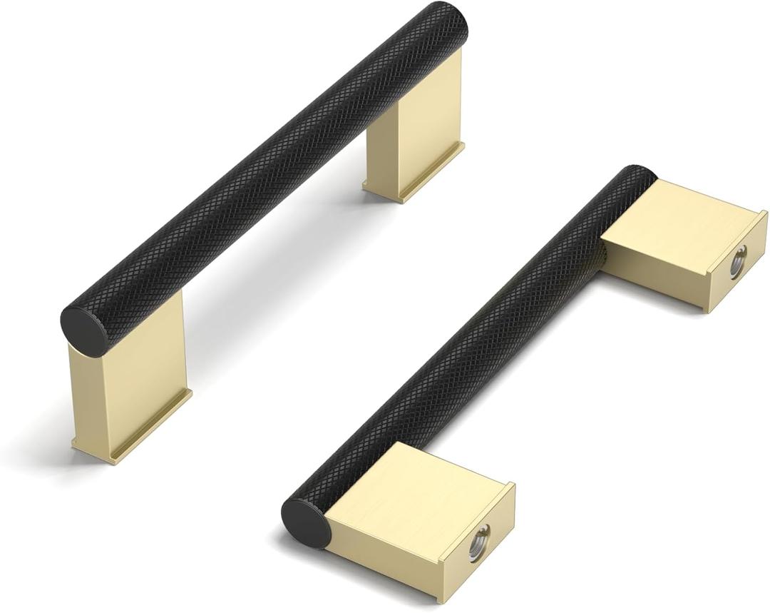 goldenwarm 20 Pack 3 Inch Hole Center Black and Gold Cabinet Handles Drawer Pulls Knurled Kitchen Cabinets Hardware for Cupboard Dresser