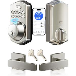 Veise VE012W-L Built-in WiFi Fingerprint Smart Lock with Lever Handle Set, App Remote Control, Keyless Entry for Front Door, Deadbolt Digital Backlit Keypad, Voice Assistant, Auto Lock, Satin Nickel