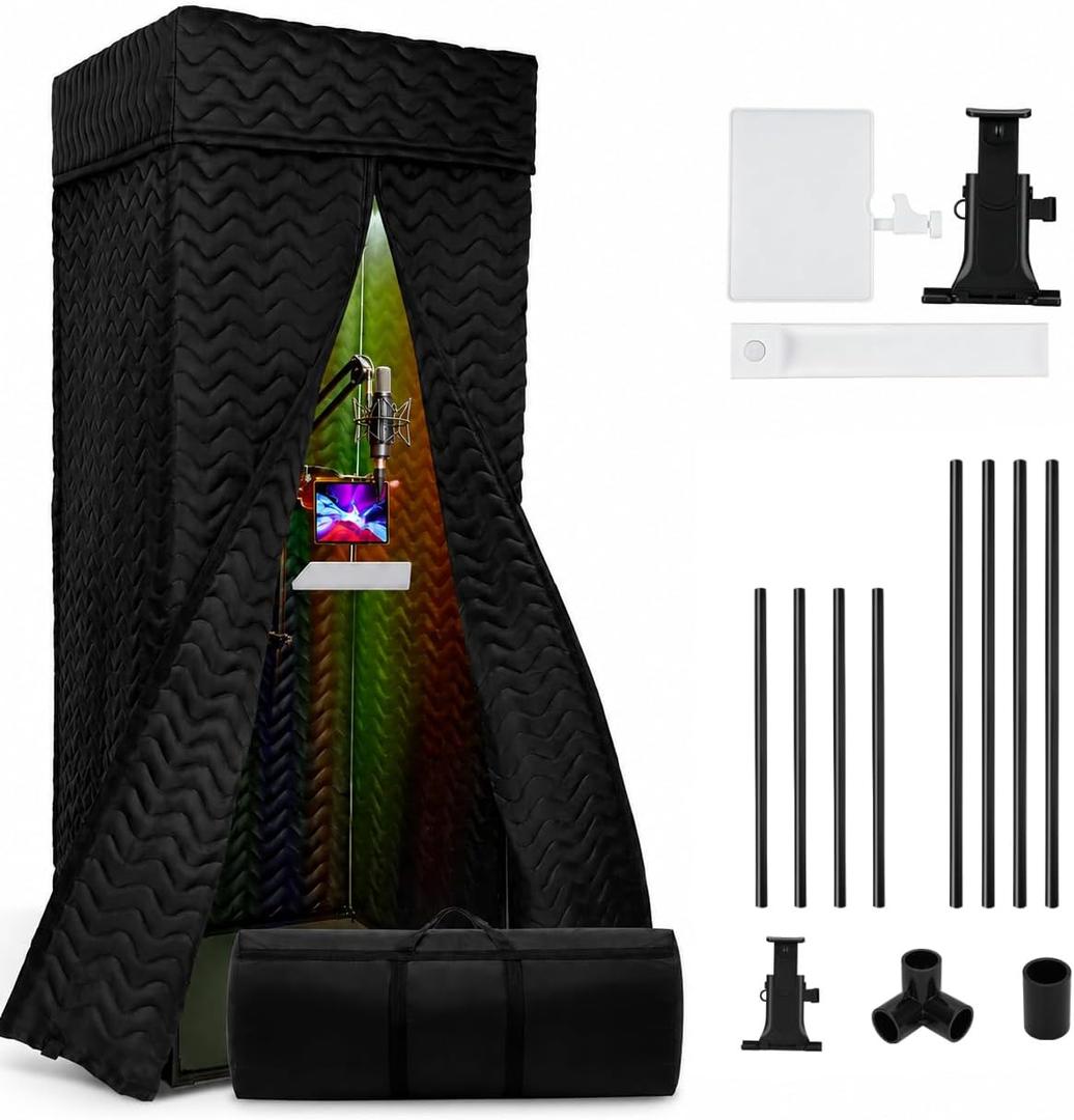 Portable Vocal Booth, Adjustable LED & Thick Soundproof Recording Booth Kit, 
32.2 x 32.2 x 78.7 inches