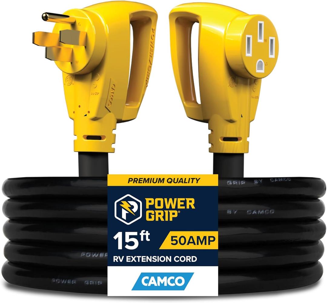 Camco Power Grip 15-Ft 50-Amp Camper/RV Extension Cord - Features Copper 6/3 + 8/1-Gauge Wires for Superior Conductivity - Rated for 125/250 V/12,500 W - Coated w/Heat-Resilient PVC (55194)