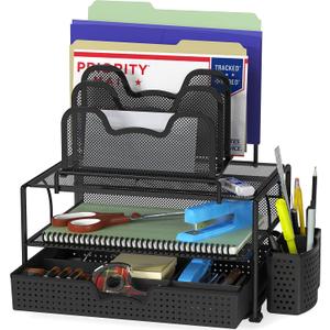 Simple Houseware Mesh Desk Organizer with Sliding Drawer, Double Tray and 5 Stacking Sorter Sections, Black