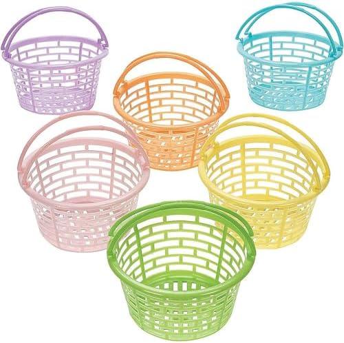 Fun Express Easter Baskets Bulk Set of 12 - Small Colorful Plastic Round Baskets for Easter Egg Hunts, Party Favors & Classroom Activities | Mini Pastel Buckets for Kids - Basket Size