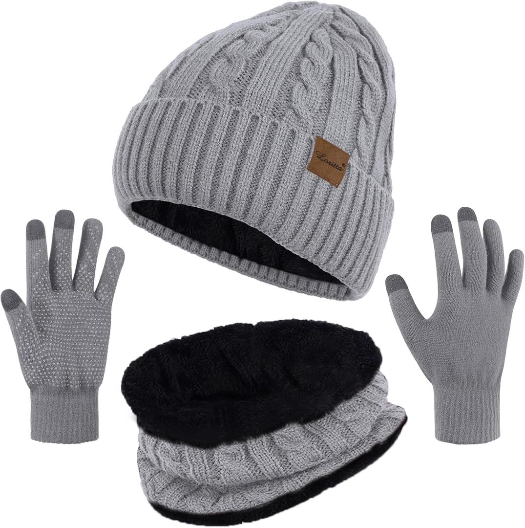 Loritta 3 Pieces Winter Hats for Women Scarf Touch Screen Gloves Set Thick Warm Fleece Lined Beanie Hat Gifts (Z-light Grey)