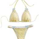 Milumia Women's Lace Trim Bow Tie Bikini Set Triangle Halter Cheeky 2 Piece Swimsuit Size S, Yellow