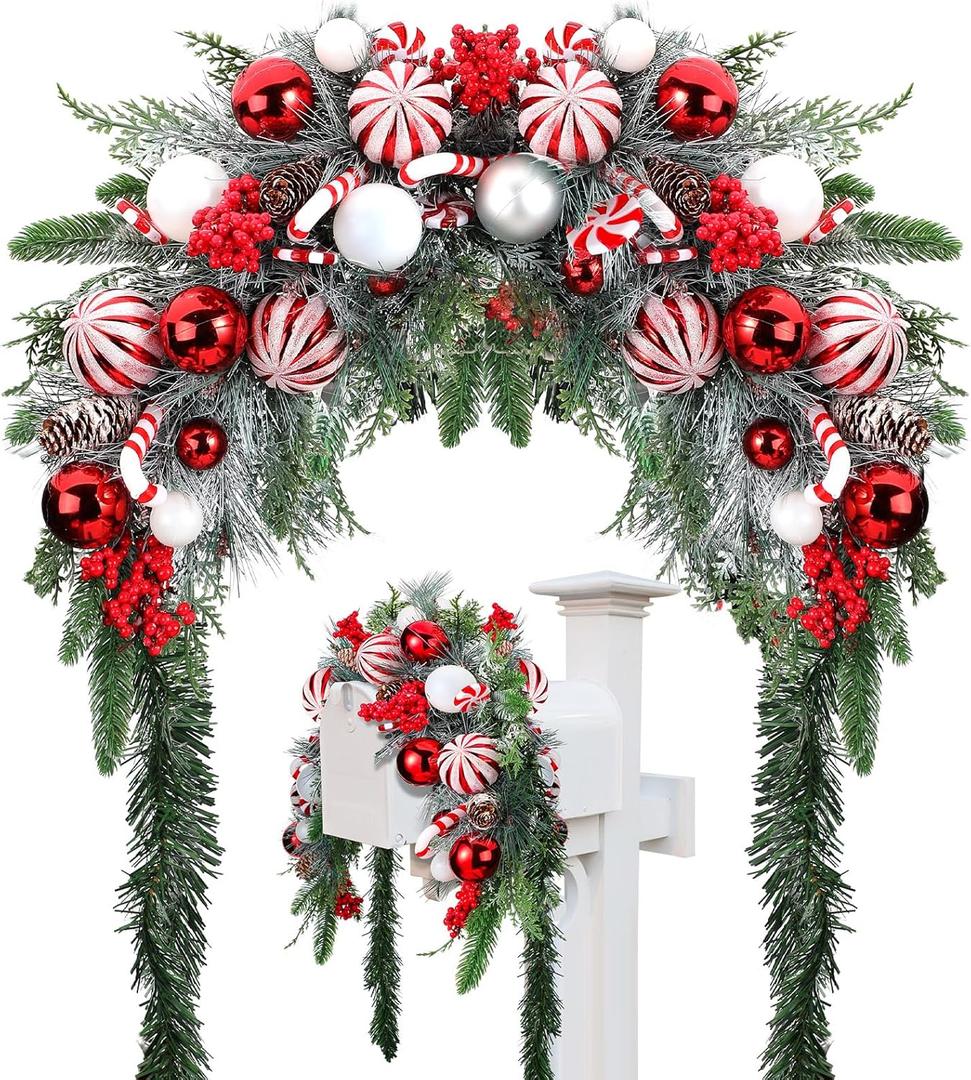 Liliful Christmas Mailbox Swag Red Green White 88 Inch Xmas Mailbox Swag Traditional Artificial Christmas Decorations for Home Indoor Outdoor Decorations