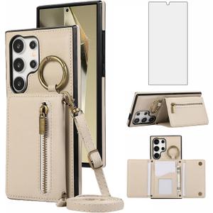 Asuwish Compatible with Samsung Galaxy S24 Ultra 5G Wallet Case with Tempered Glass Screen Protector and Crossbody Shoulder Strap Card Holder Cell Phone Cover for S24Ultra 24S S 24 24Ultra Women Beige
