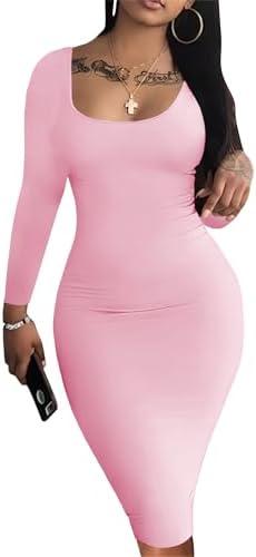 Nimsruc Womens Autumn Casual Sexy Long Sleeves Bodycon Dress Basic Pencil Midi Club Dresses 2XL