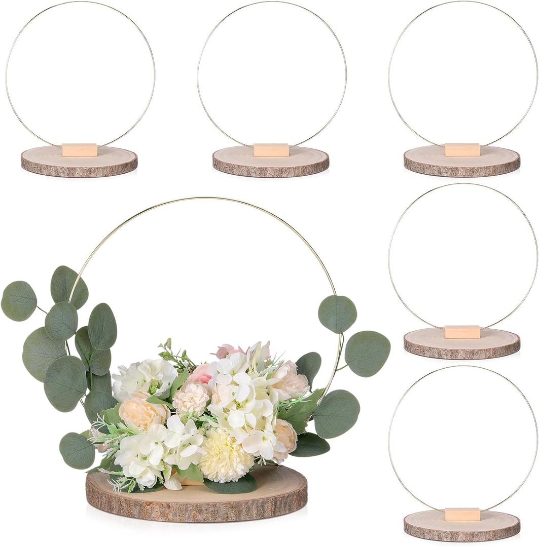 Leinuosen 18 Pcs Rustic Wedding Table Centerpiece 12 Inch Metal Floral Hoop Centerpiece with Stand for Tables Gold Wreath Ring 6pcs 9-10 Inch Unfinished Round Wood Slices for Rustic Farmhouse Wedding