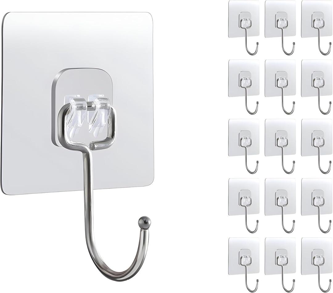 15-Pack Large Adhesive Hooks for Hanging Heavy Duty 33 lbs - Hooks for Walls with No Damage, Waterproof Adhesive Wall Hooks for Robe, Towel, Bathroom, Kitchen at Home or Office and Outdoor